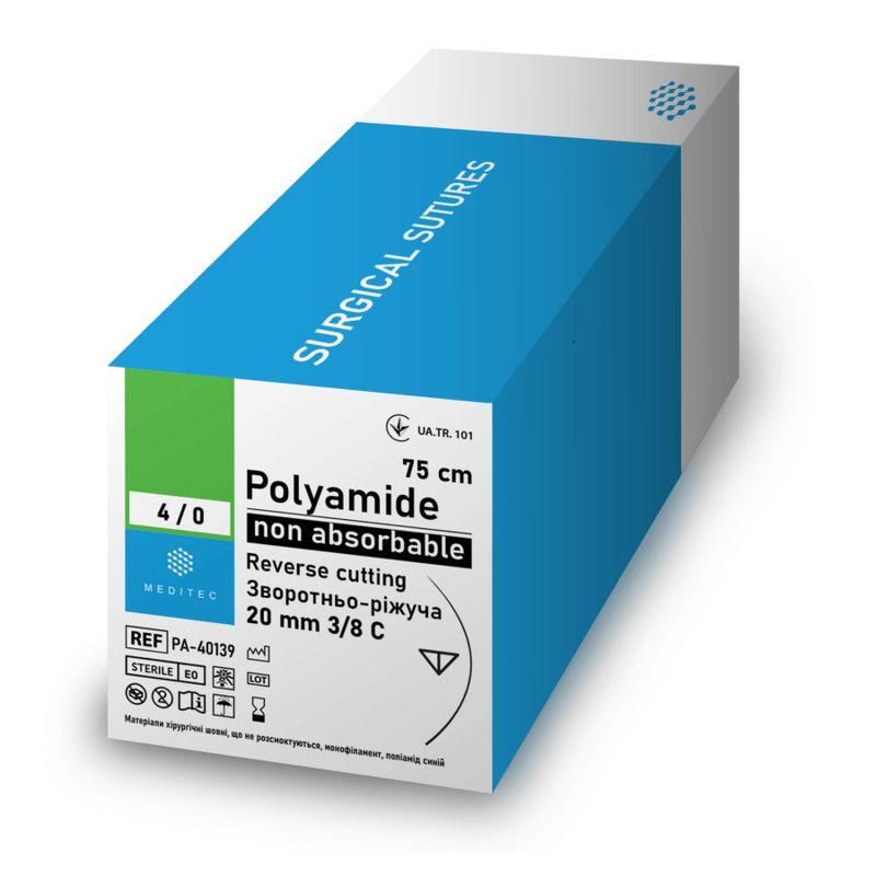 Поліамід, USP1(М4), синій, 75см, голка колюча, 1х40мм, 1/2кола, PA-01472